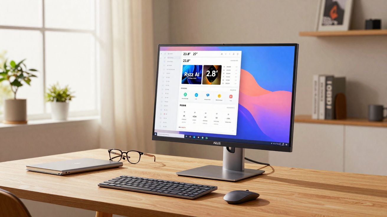 Mesa de madeira com monitor, teclado, mouse, laptop fechado e óculos em ambiente iluminado por janela.