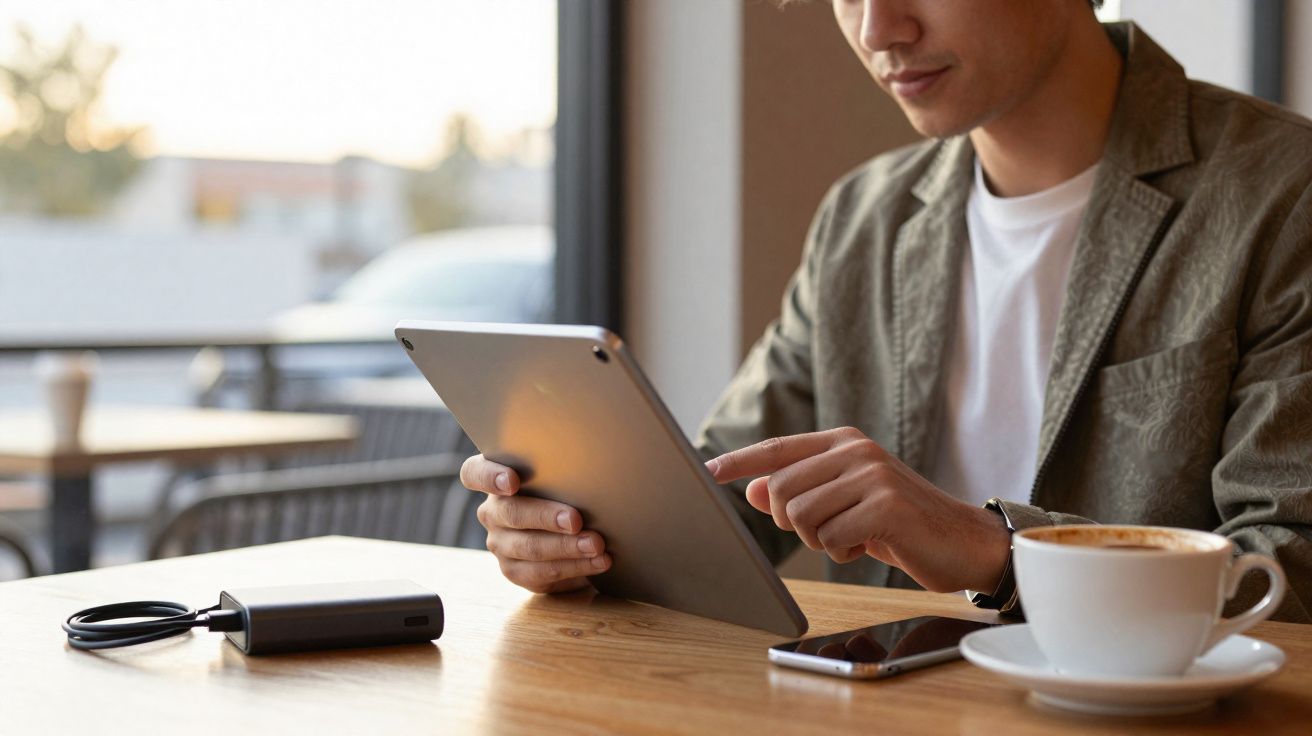 Pessoa usando tablet sentada em mesa de madeira com celular, copo de café e power bank em ambiente iluminado.