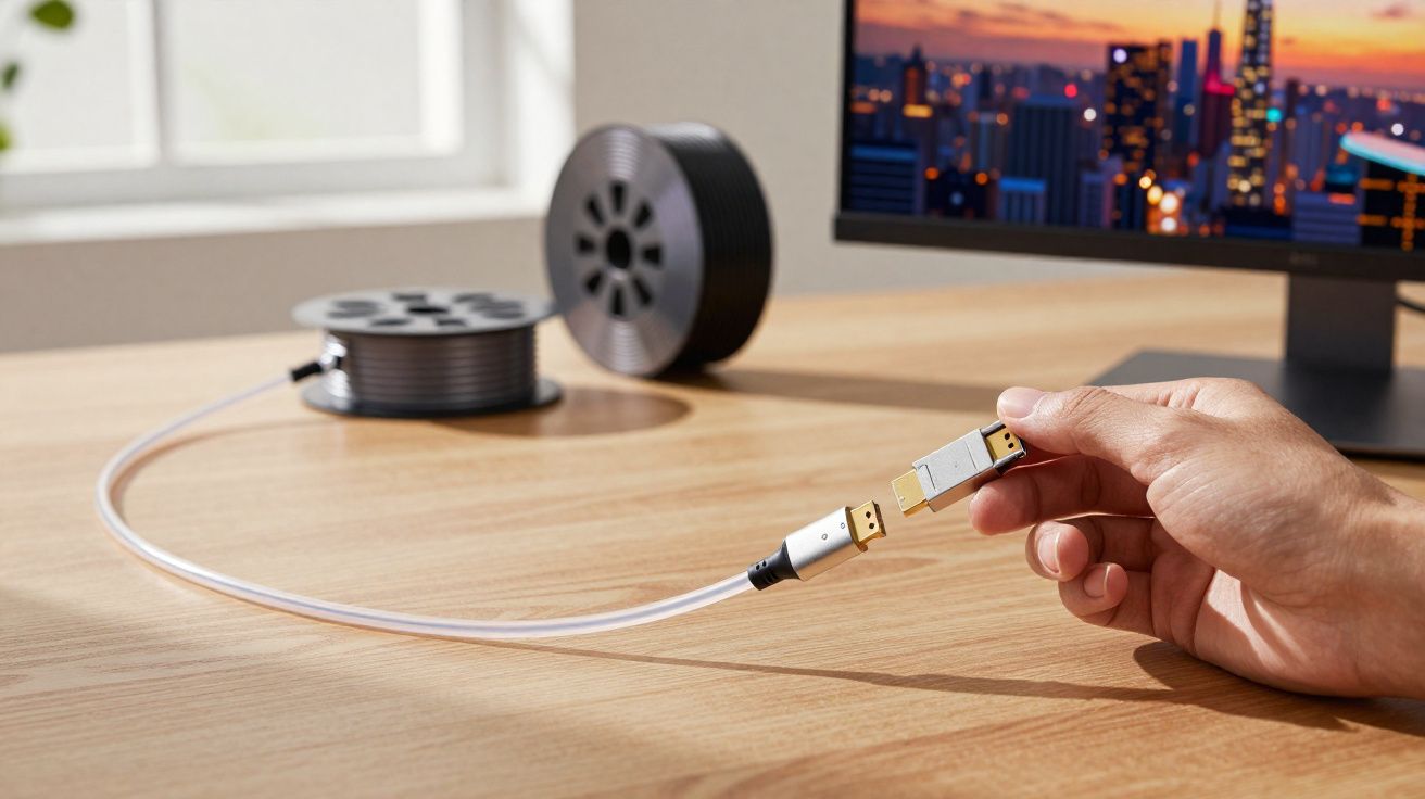 Mão segurando conector dourado de cabo transparente próximo a monitor com imagem de cidade à noite.