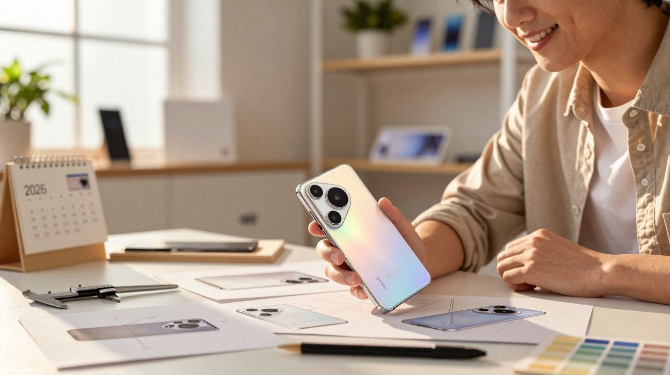 Pessoa segurando smartphone prateado sobre mesa com esboços e materiais de design.