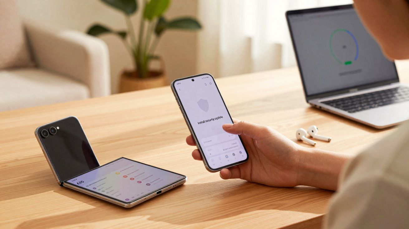 Pessoa usando smartphone para configurar aplicativo de segurança com celular dobrável, laptop e fones sobre mesa de madeira.