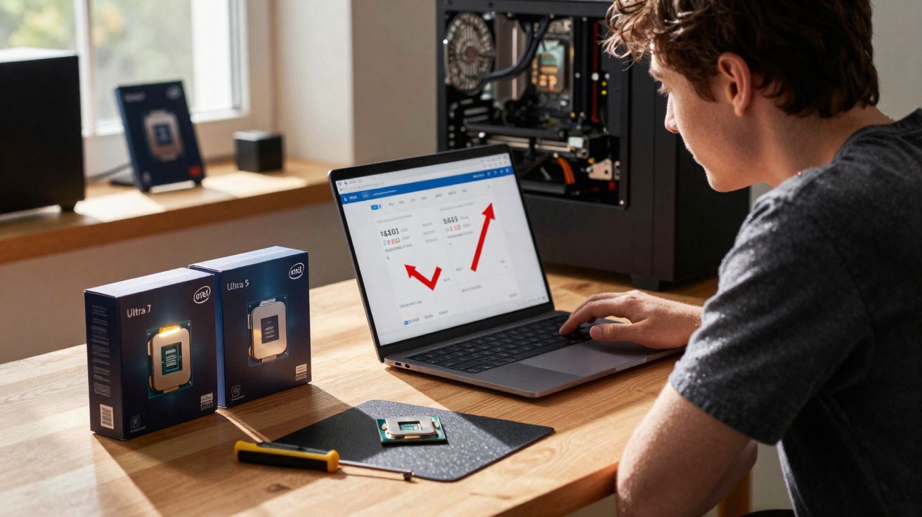 Jovem sentado em mesa com processadores Intel, laptop exibindo gráficos e gabinete de computador aberto ao fundo.