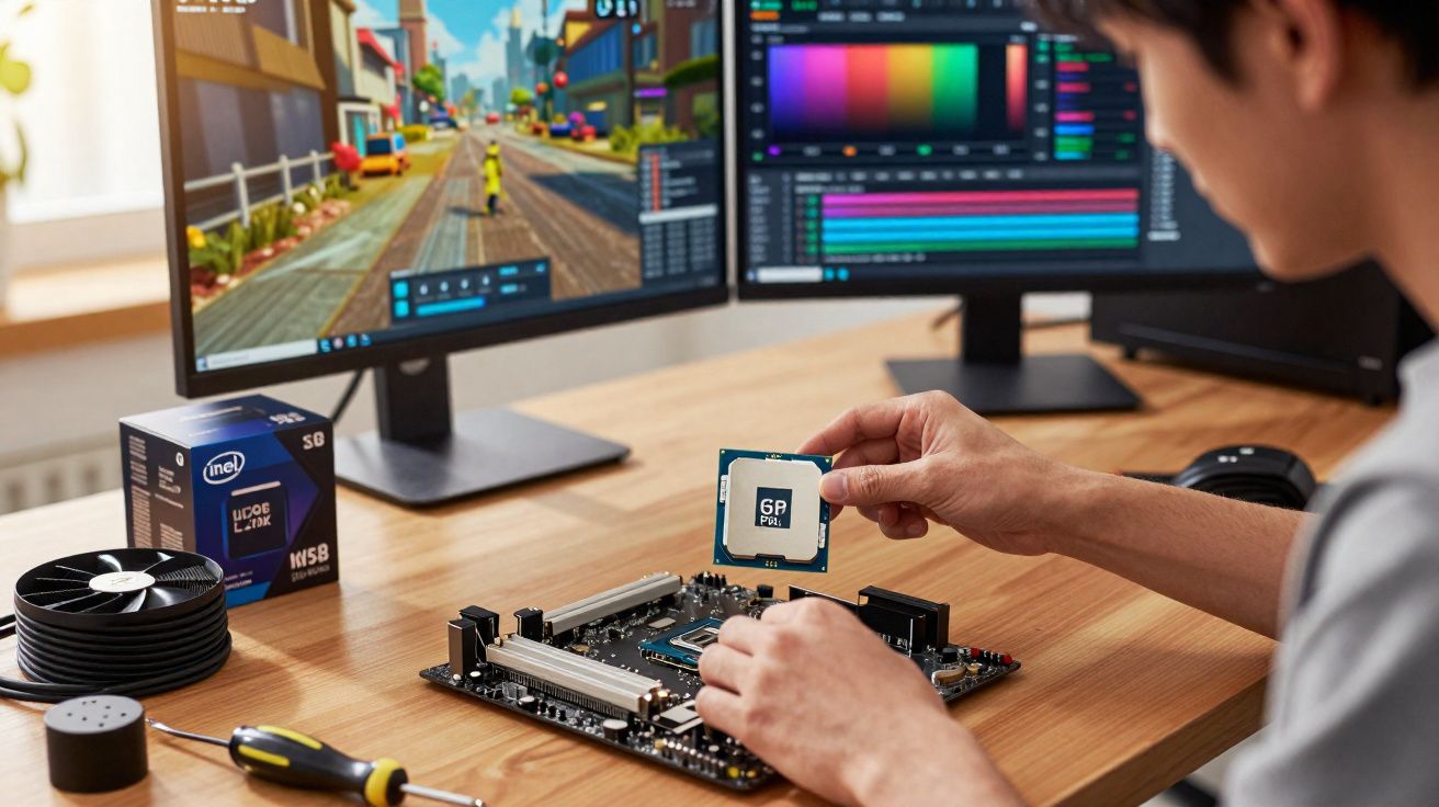 Pessoa instalando processador em placa-mãe com dois monitores ao fundo mostrando edição e jogo.
