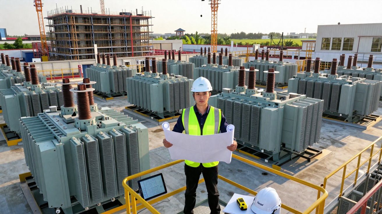 Engenheiro com capacete e colete segurando planta em subestação elétrica industrial ao ar livre.