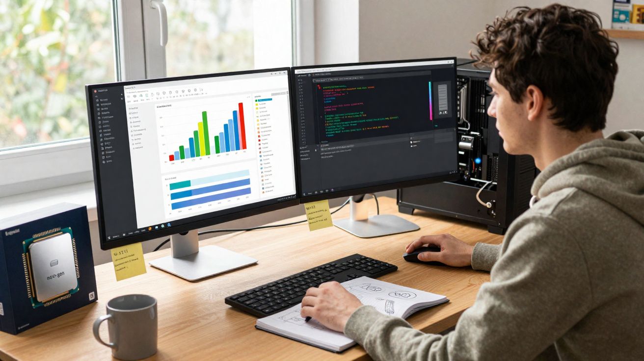 Pessoa analisando gráficos e código em dois monitores em mesa com notebook e caneca.