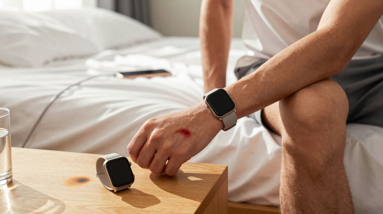 Pessoa sentada na cama usando relógio inteligente, com outro smartwatch sobre a mesa ao lado.