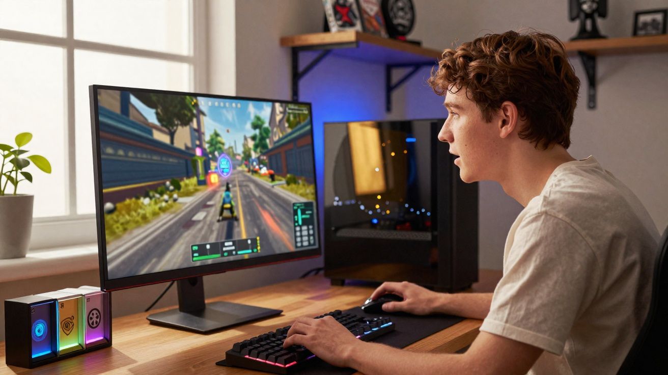 Jovem concentrado jogando videogame de corrida em computador com teclado e mouse RGB em mesa organizada.