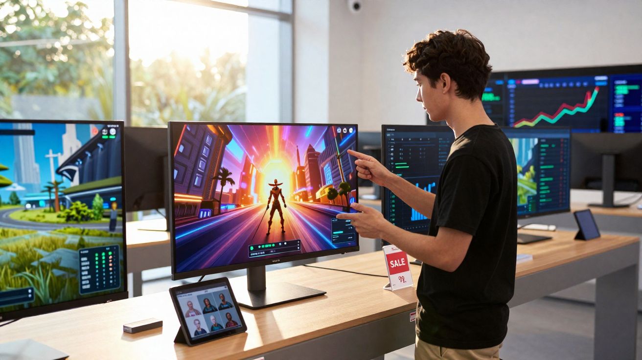 Jovem interage com jogo em monitor grande em loja de eletrônicos com várias telas expostas.