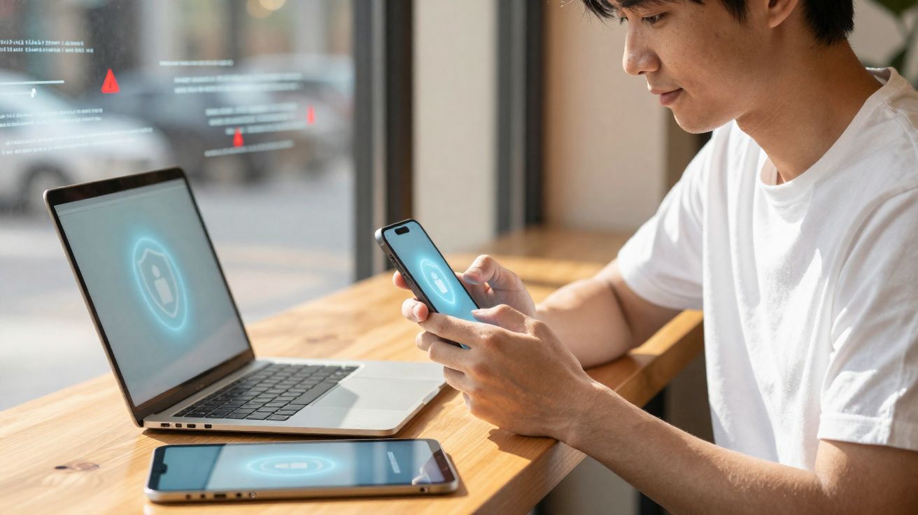 Jovem usando celular com ícones de segurança digital em tela de laptop e tablet em mesa de madeira.