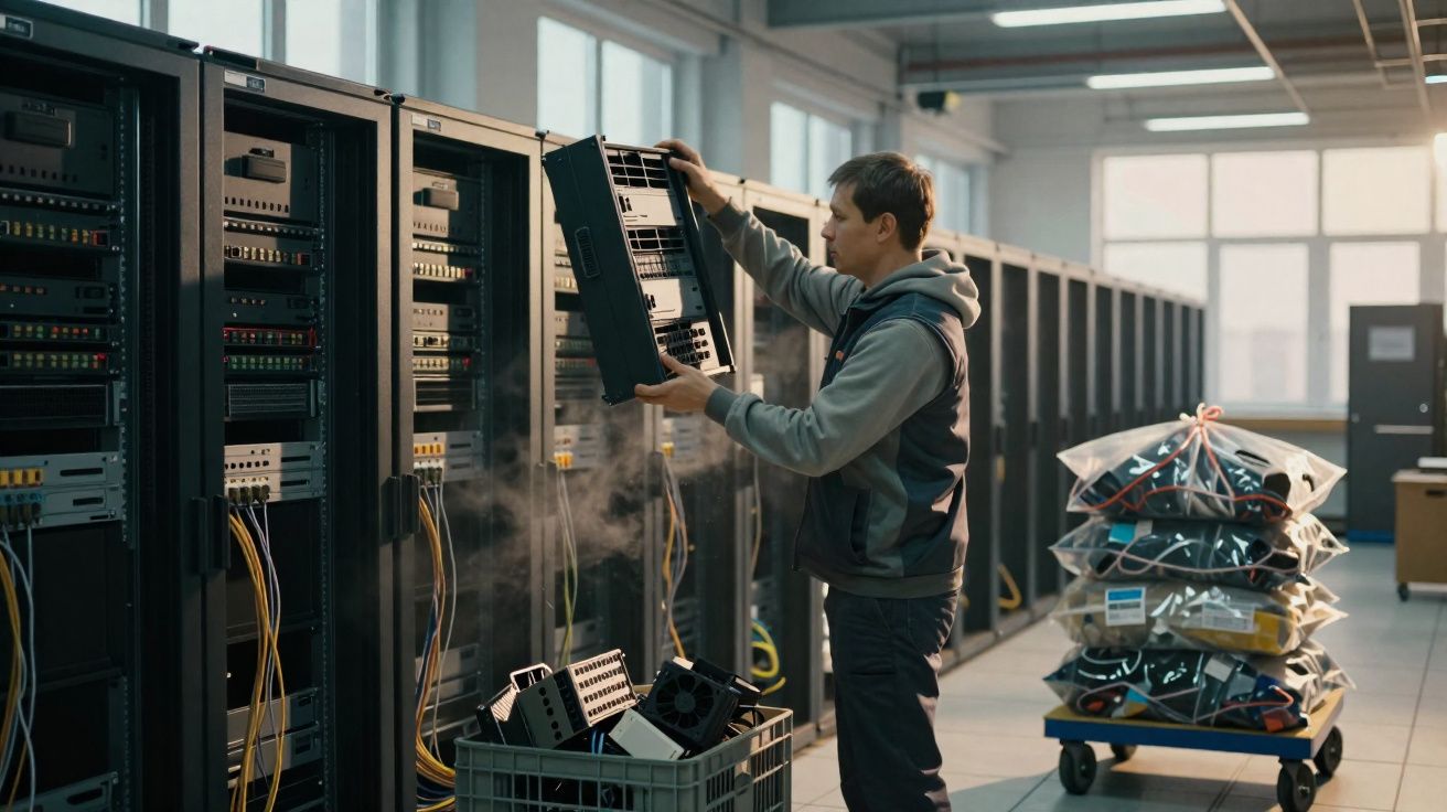Técnico manuseando equipamento de servidores em sala de data center com carrinho de cabos ao fundo.