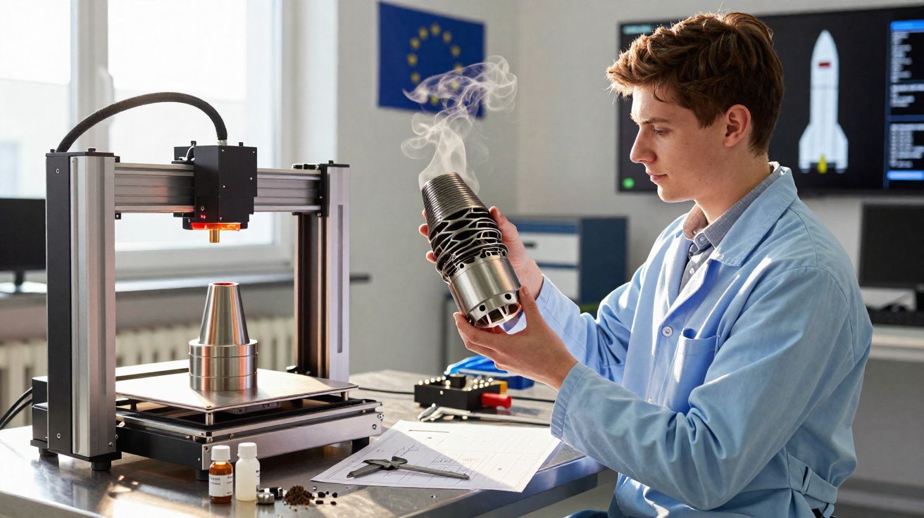 Jovem cientista analisa protótipo metálico com vapor ao lado de impressora 3D em laboratório tecnológico.