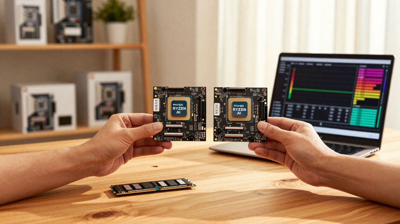Duas mãos segurando placas de processadores Ryzen AI sobre mesa com memória RAM e notebook ao fundo.
