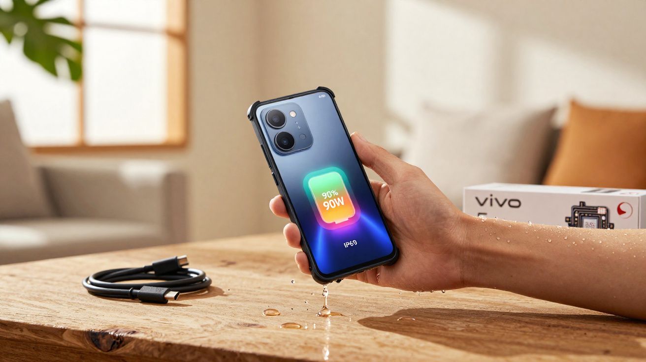 Mão segurando smartphone Vivo com indicador de carregamento rápido, mesa de madeira com gotas d'água e cabo USB.