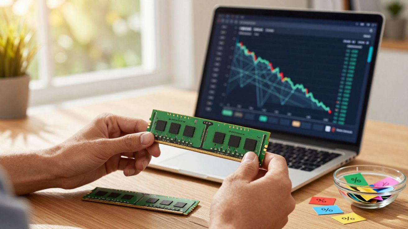 Pessoa segurando memória RAM com gráfico de ações em queda no tela de laptop ao fundo.