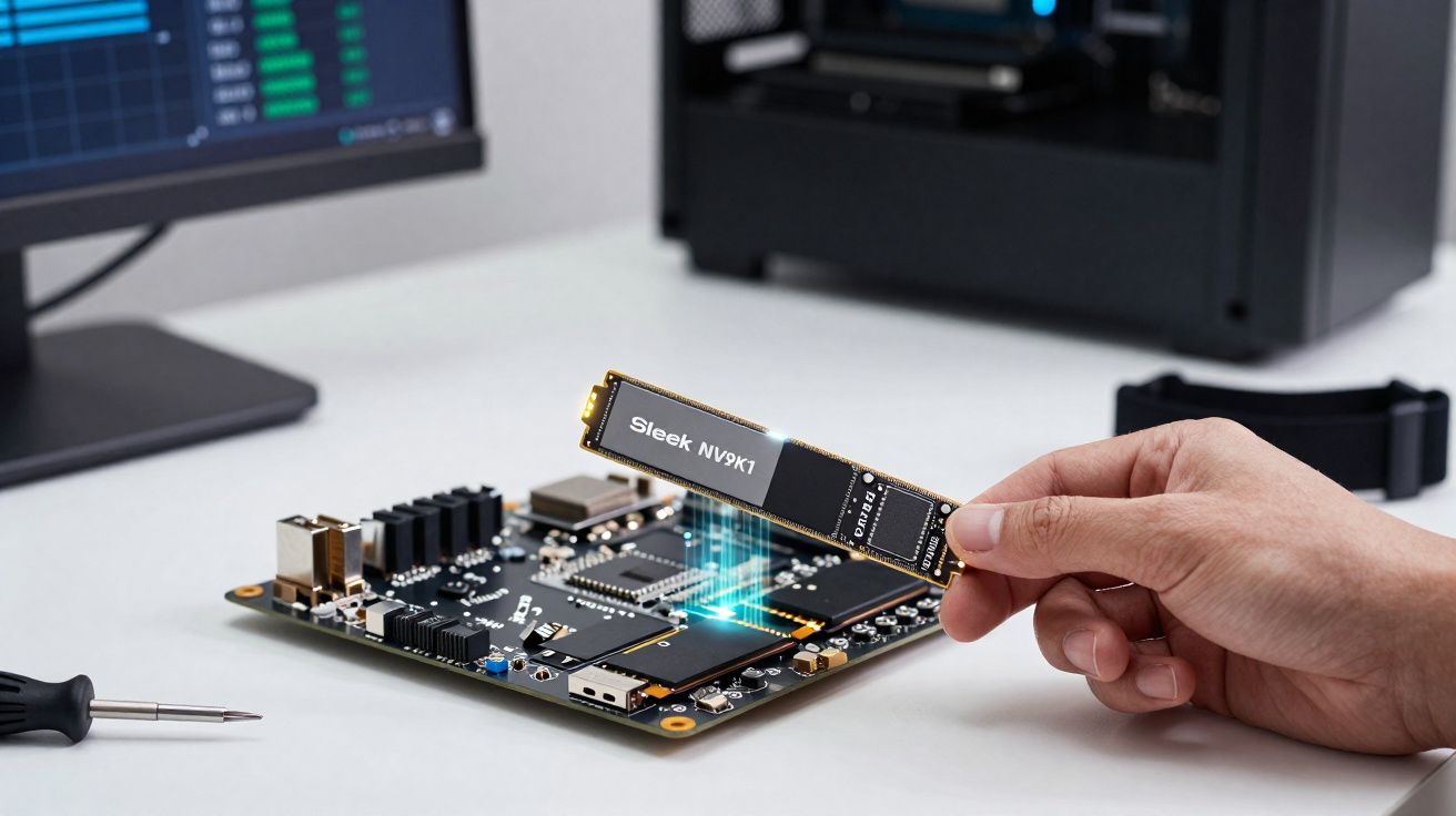Mão segurando SSD NVMe para instalação em placa-mãe em mesa com computador e ferramentas ao fundo.