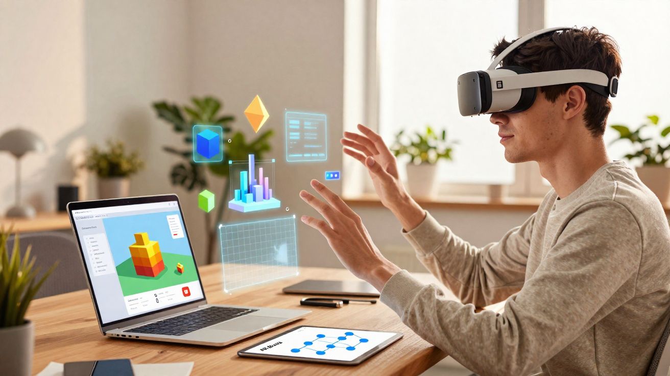 Jovem usando óculos de realidade virtual interage com gráficos e dados holográficos ao lado de laptop e tablet.