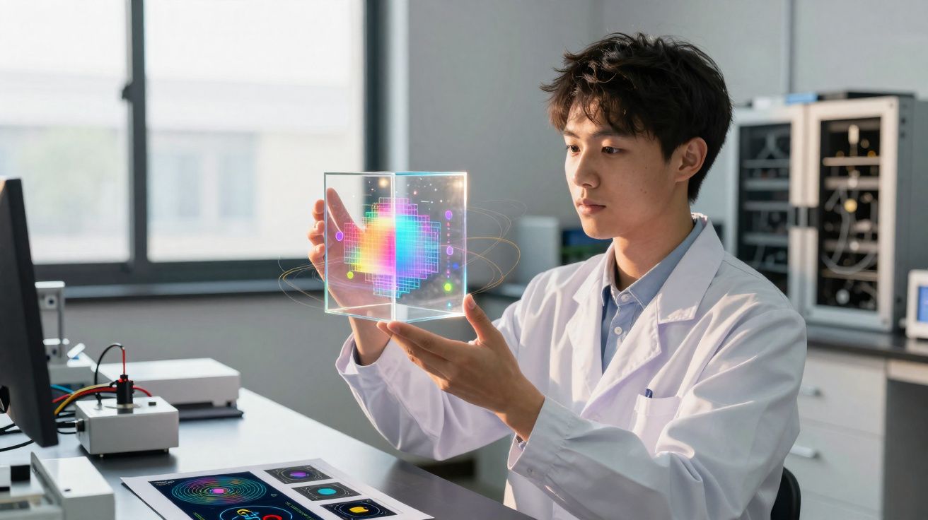 Cientista em laboratório segurando um cubo holográfico colorido com gráficos digitais flutuantes.