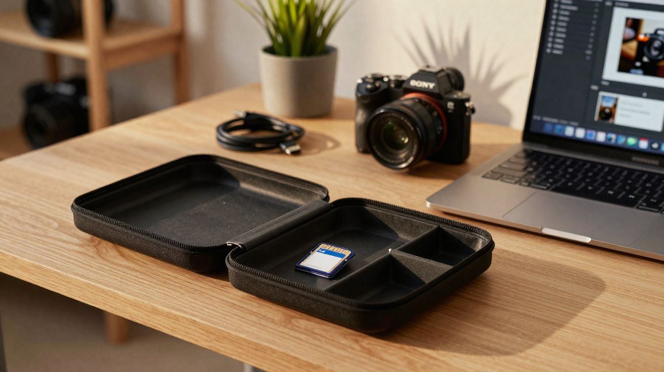 Cartão de memória em estojo preto aberto sobre mesa com câmera, cabo, planta e notebook ao fundo.