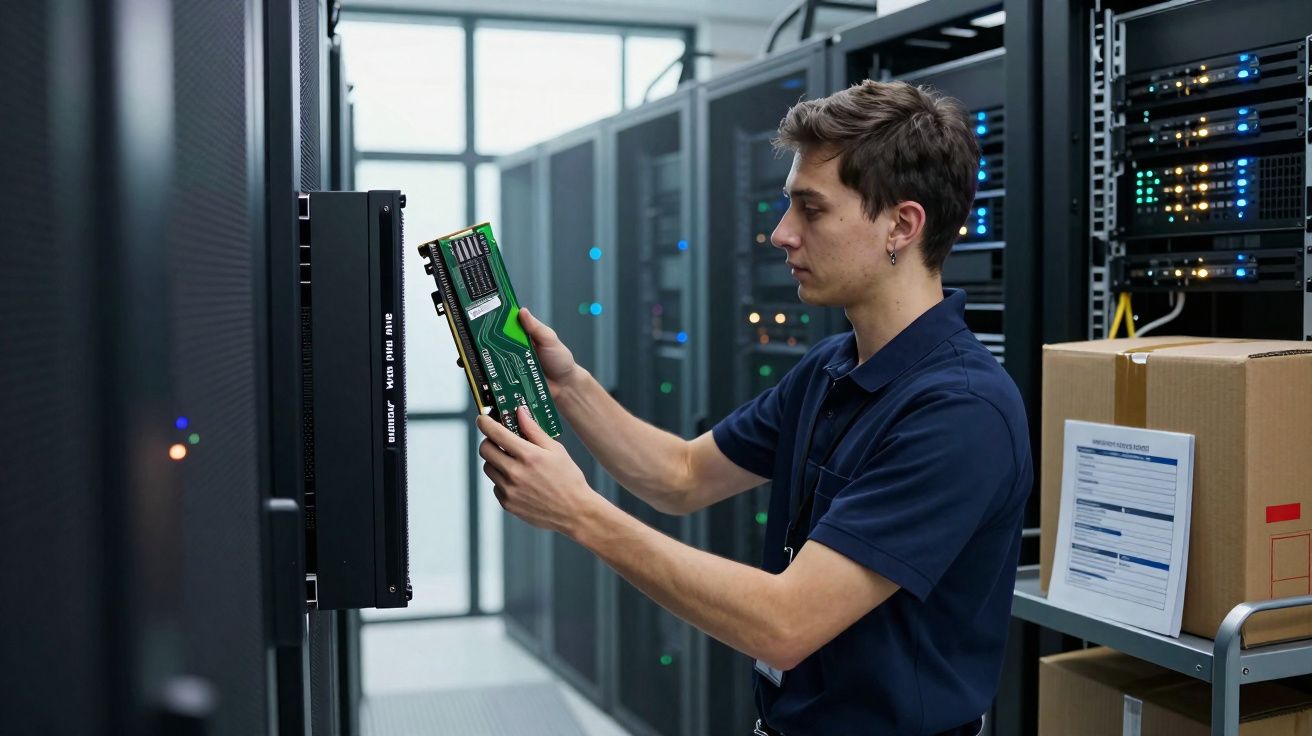Técnico instalando componente de hardware em servidor dentro de data center moderno.
