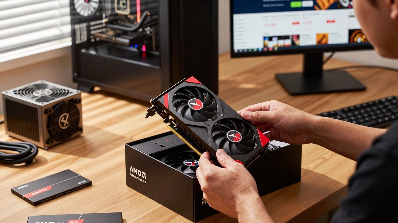 Pessoa segurando placa de vídeo AMD Radeon RX em mesa com periféricos e gabinete aberto.