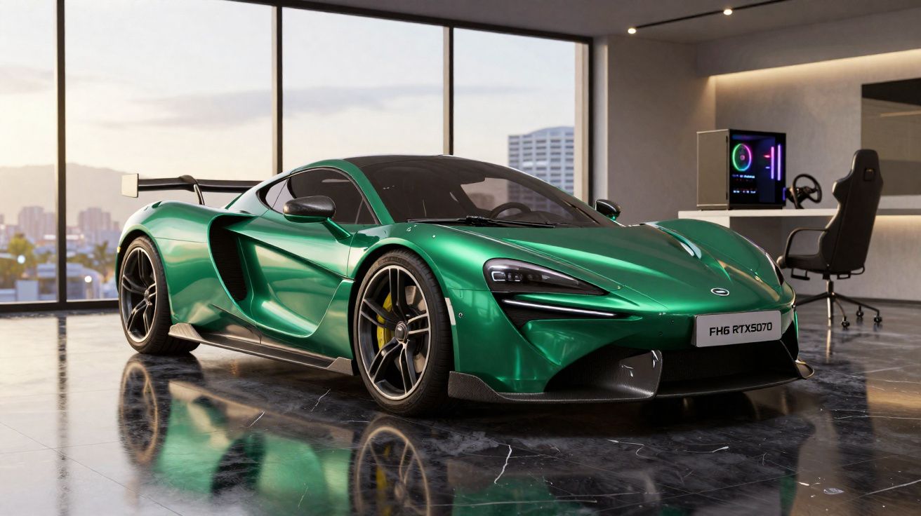 Carro esportivo verde metálico estacionado em garagem moderna com piso de mármore preto e janela panorâmica.