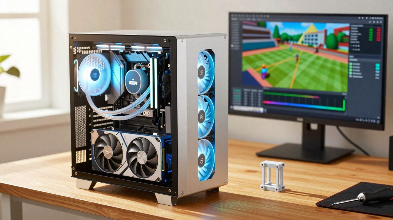 Gabinete de PC com iluminação azul e monitor exibindo jogo digital em mesa de madeira.