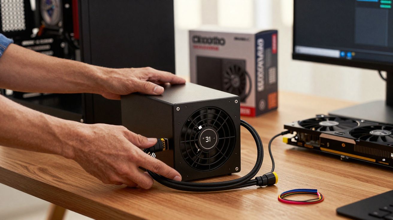Mãos segurando fonte de alimentação para computador sobre mesa com placa de vídeo e monitor ao fundo.