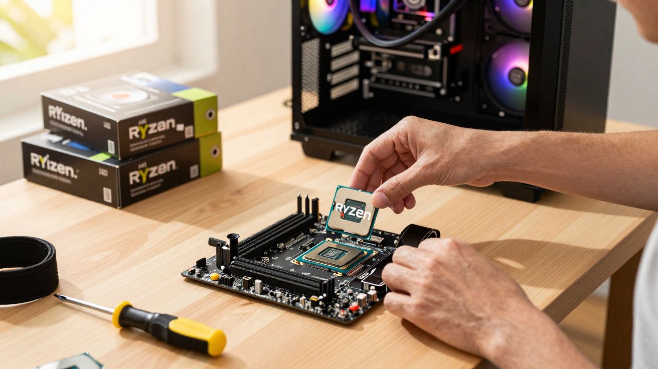 Pessoa instalando processador Ryzen em placa-mãe sobre mesa com gabinete de PC e ferramentas.