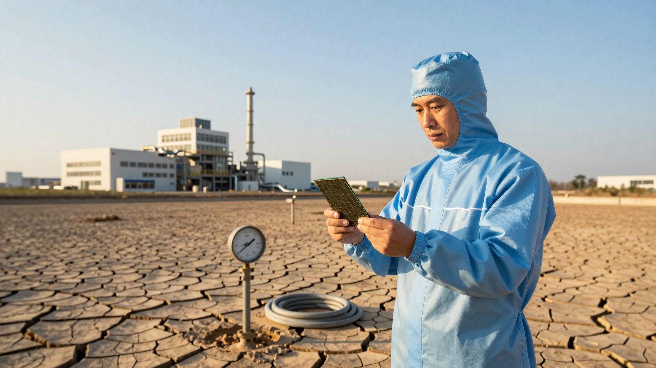 Homem com roupa protetora azul analisa placa eletrônica em terreno seco e rachado perto de indústria.