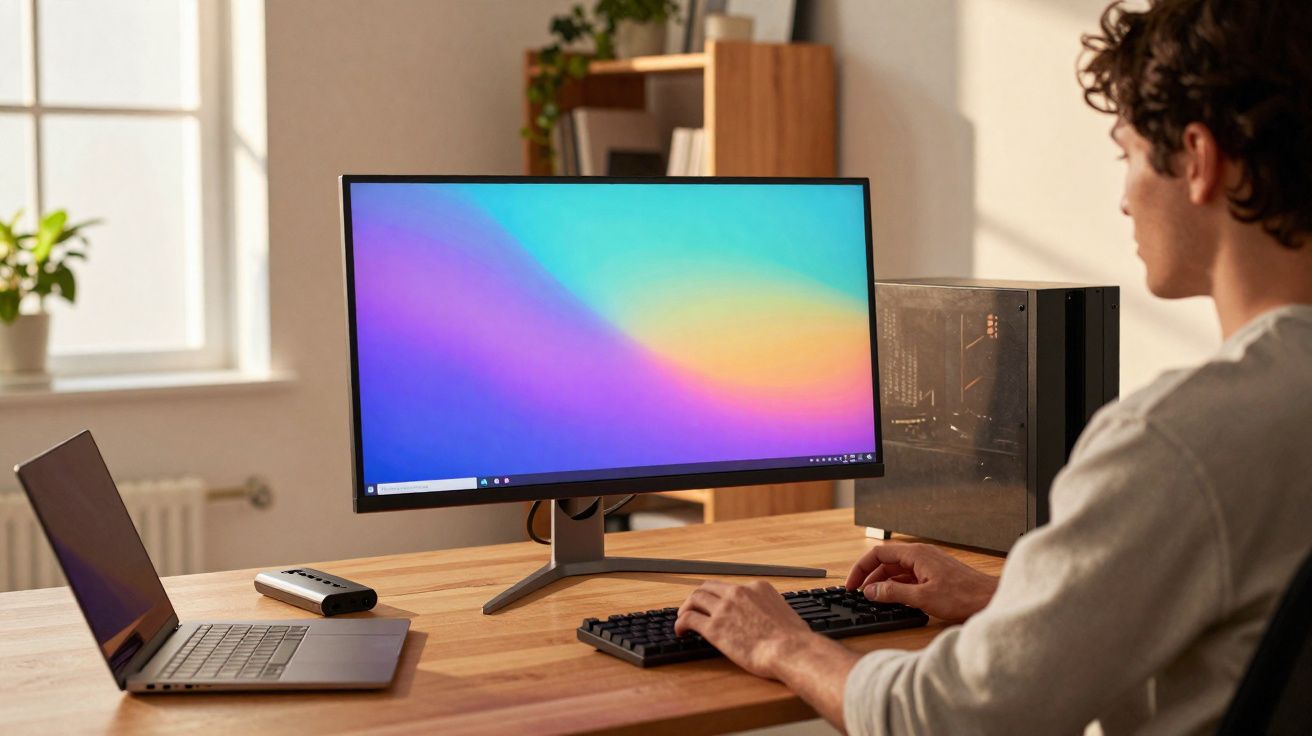 Pessoa usando teclado e mouse em computador de mesa com monitor grande em ambiente iluminado.