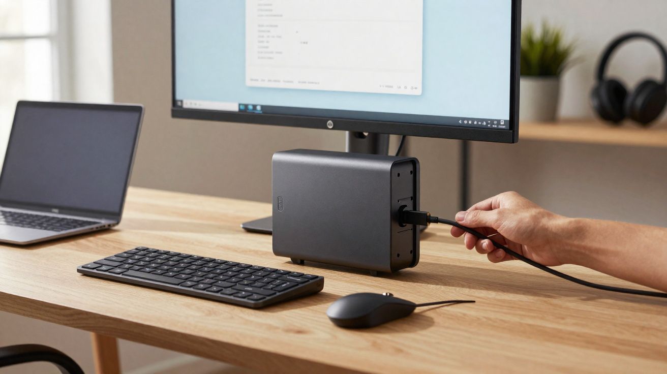 Mesa de trabalho com monitor, notebook, teclado, mouse e mão conectando cabo em hub USB preto.