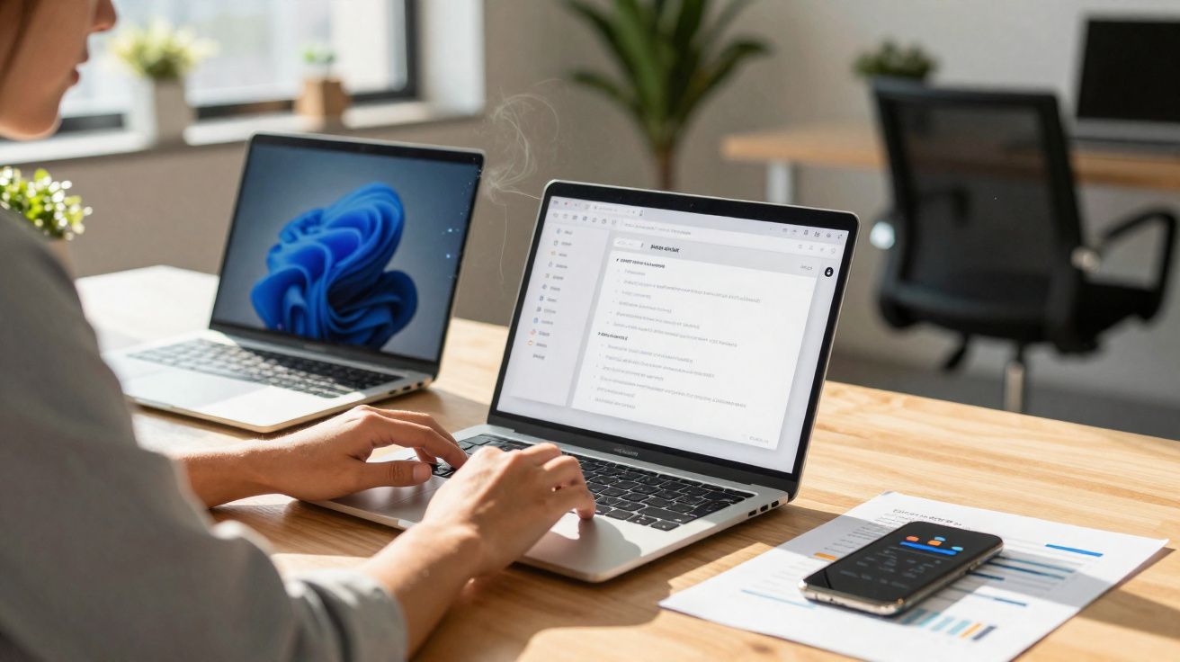 Pessoa digitando em laptop com outro laptop, celular e documentos em mesa de escritório iluminada.