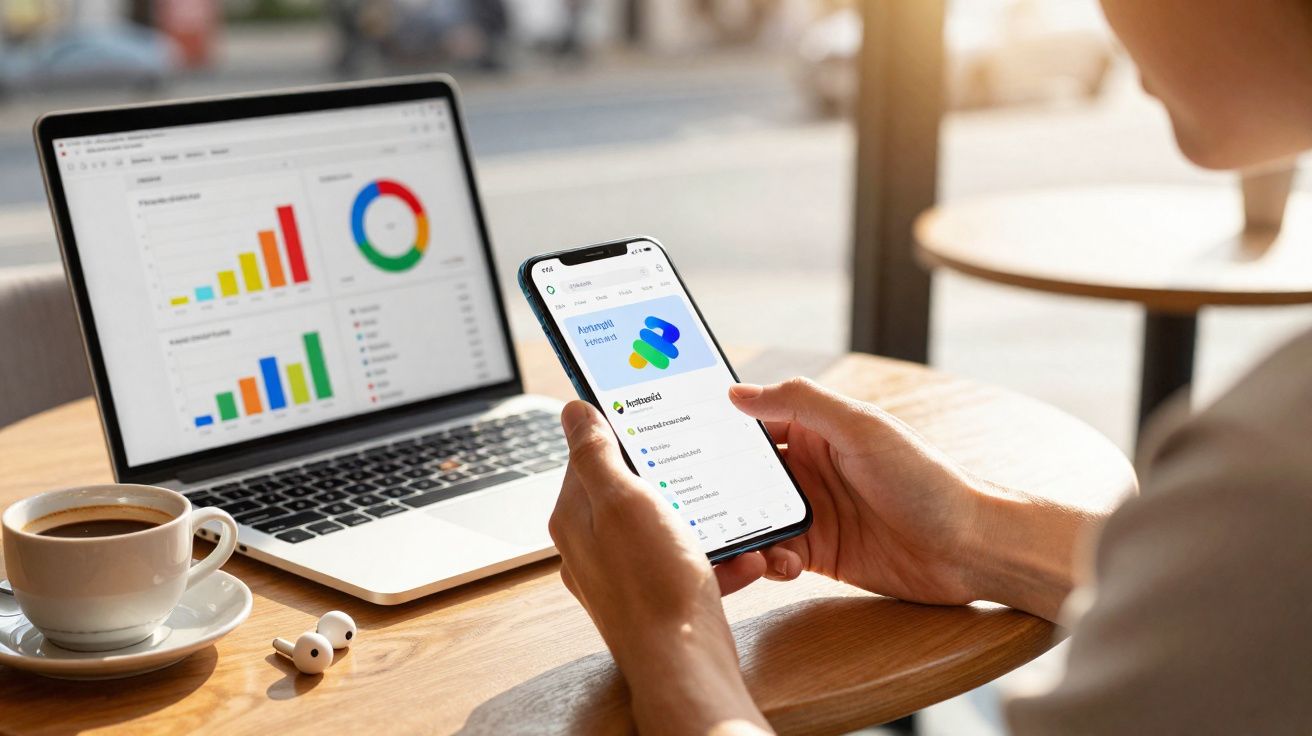 Pessoa usando celular com gráficos em laptop e xícara de café em mesa de madeira em ambiente iluminado.