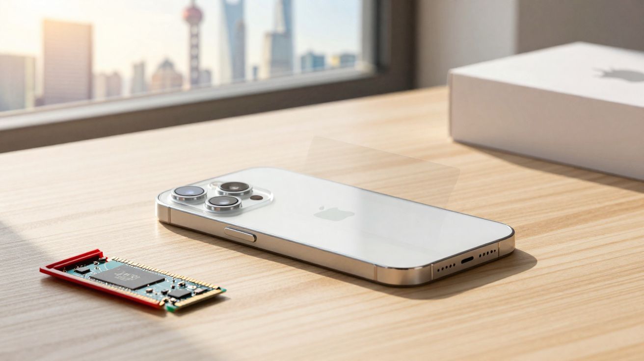 Smartphone branco com três câmeras traseiras e componente eletrônico sobre mesa de madeira clara.