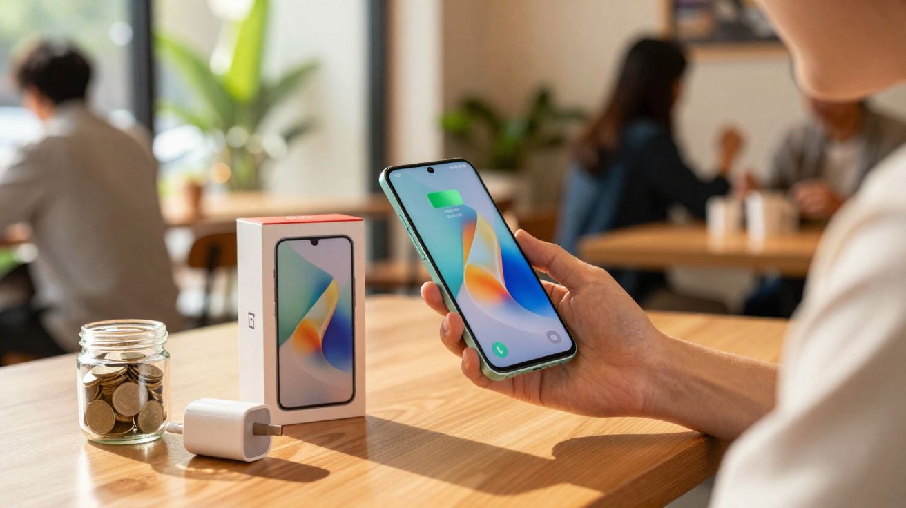 Pessoa segurando celular carregando, caixa do aparelho, carregador e pote com moedas sobre mesa de madeira.