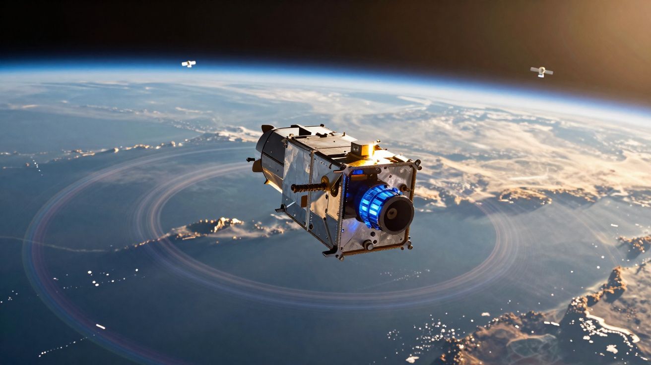 Satélite em órbita terrestre acima de um grande oceano com continentes visíveis ao fundo.