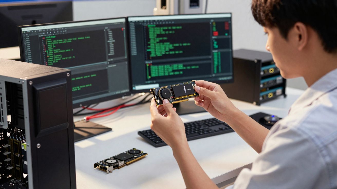 Pessoa segurando placa gráfica diante de duas telas com código em ambiente de trabalho tecnológico.