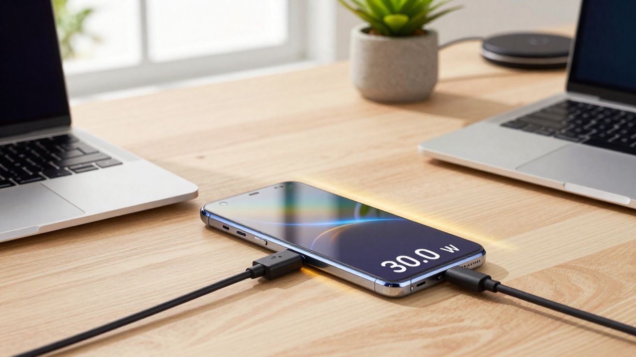 Smartphone sendo carregado com cabo USB em mesa de madeira entre dois laptops e planta pequena.