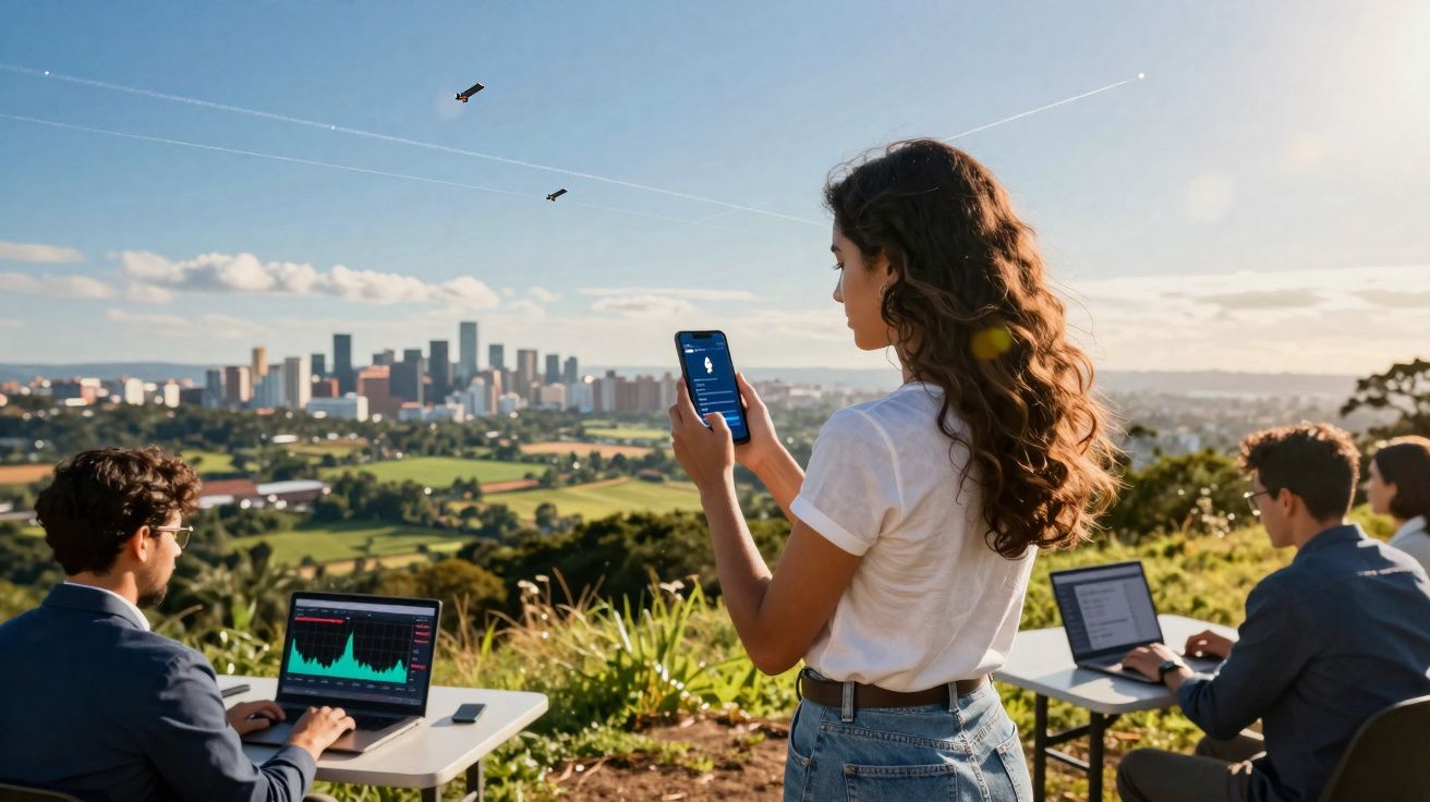 Grupo de jovens trabalhando ao ar livre em laptops e celular com vista para a cidade ao fundo.