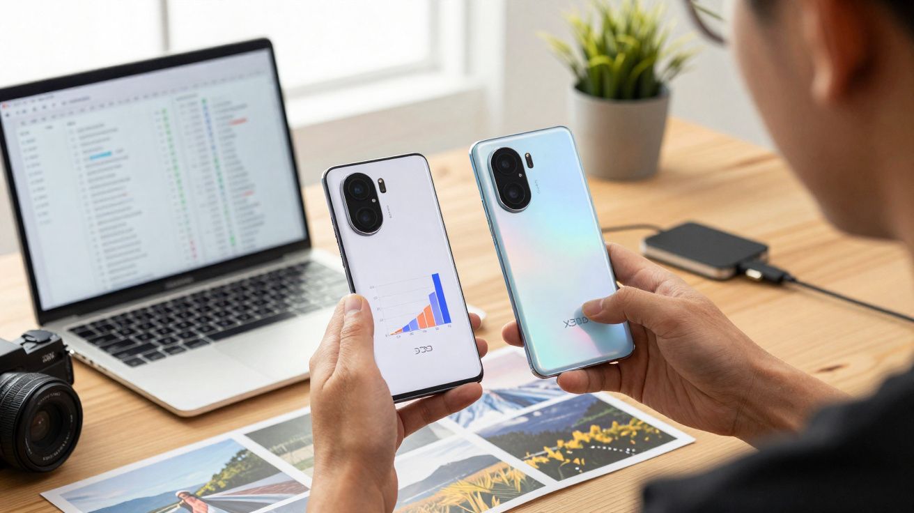 Pessoa segurando dois smartphones com gráfico de crescimento, ao lado de laptop e câmera em mesa de madeira.