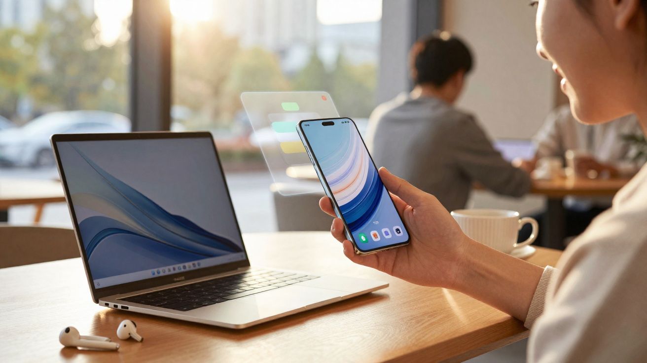 Pessoa segurando smartphone próximo a laptop aberto sobre mesa em ambiente claro e casual.