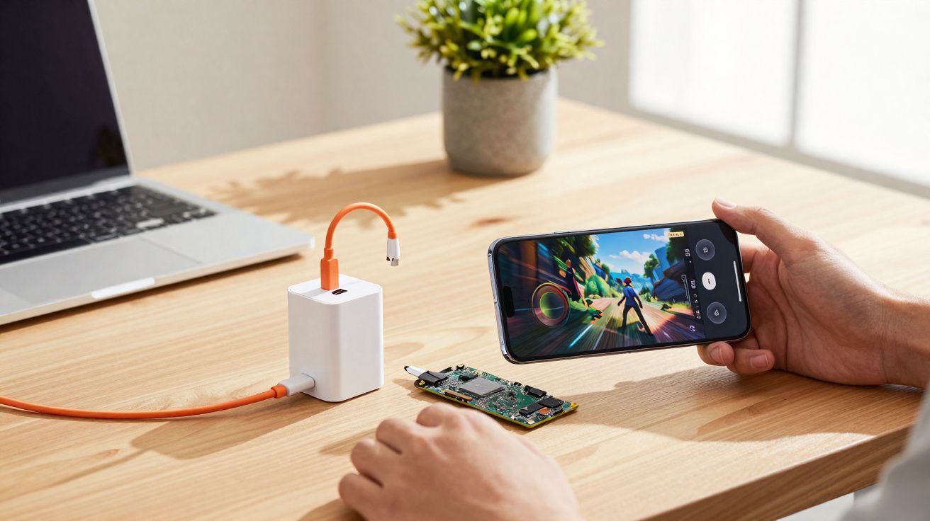 Pessoa segurando smartphone com jogo, perto de placa eletrônica, cabo e laptop sobre mesa de madeira clara.