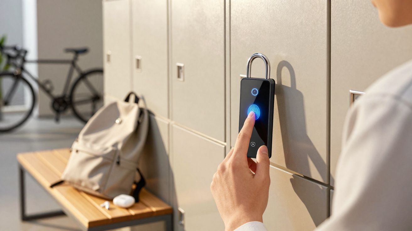 Pessoa usando biometria digital para destrancar armário com cadeado eletrônico inteligente.