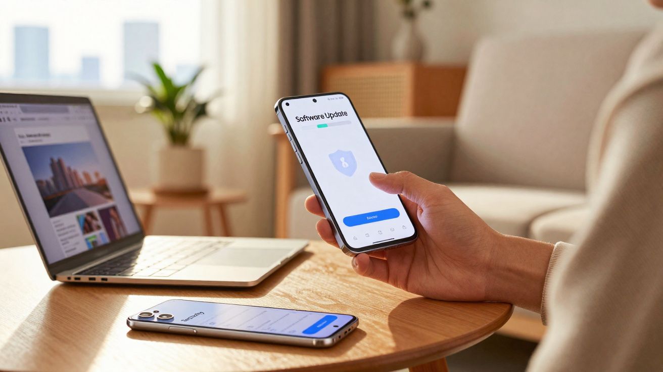 Pessoa segurando smartphone com tela de atualização de software, ao lado de laptop e outro celular sobre mesa redonda.