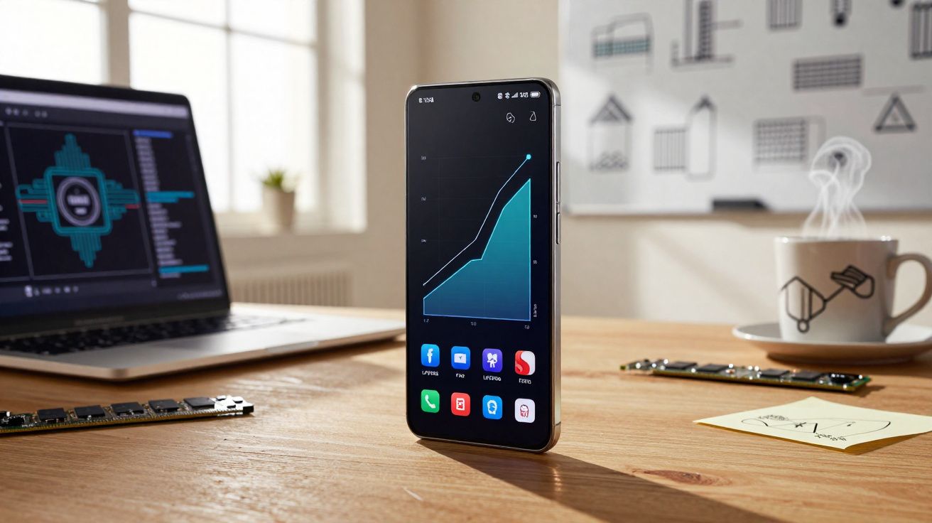 Smartphone com gráfico crescente na tela sobre mesa de madeira, ao lado de notebook e xícara com fumaça.