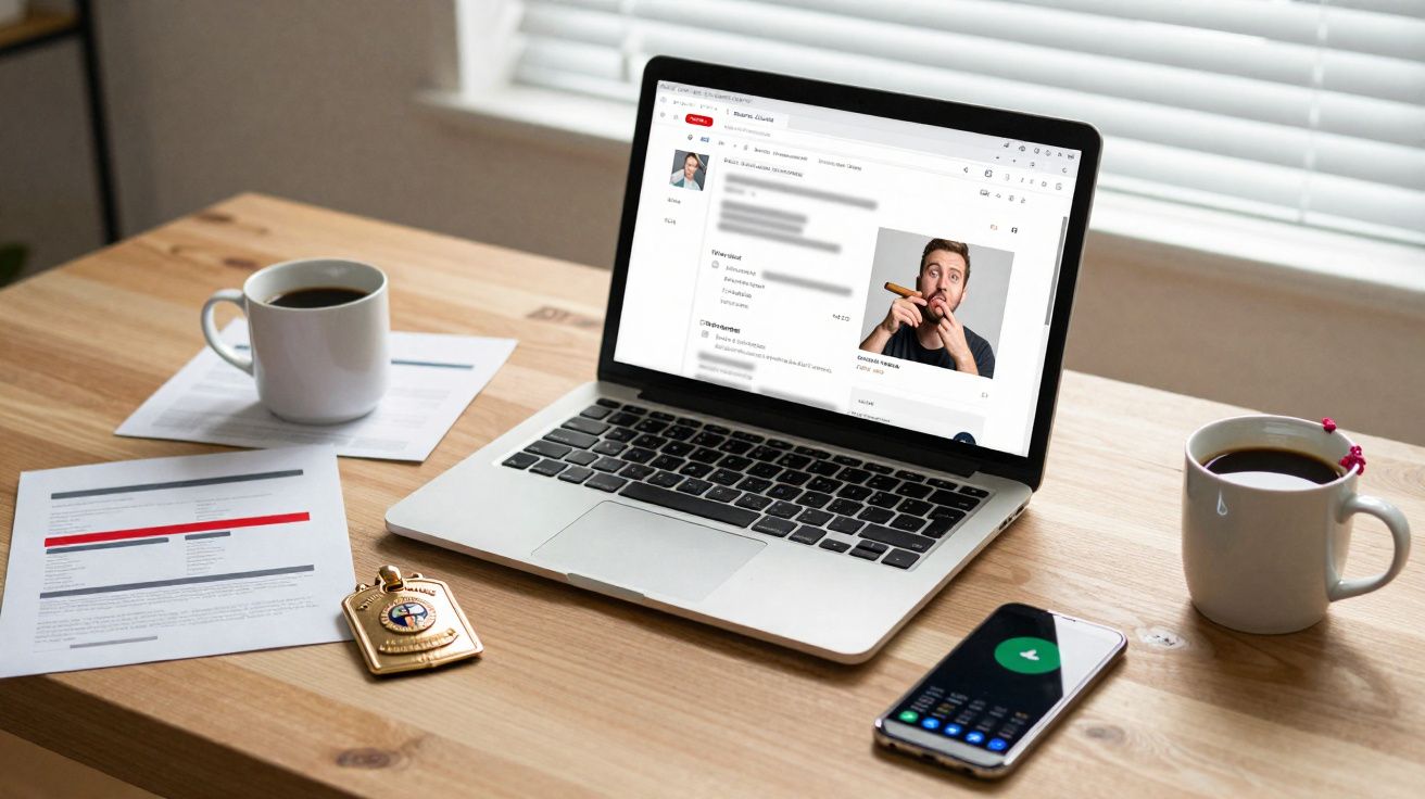 Mesa de madeira com laptop mostrando currículo, celular, documentos, caneca de café e distintivo policial.