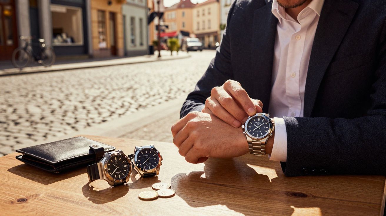 Homem vestido social ajustando relógio de pulso em mesa com carteira, moedas e dois relógios em ambiente externo.