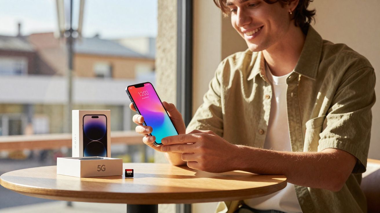 Jovem sorridente segurando smartphone novo com caixa e cartão de memória sobre mesa redonda.