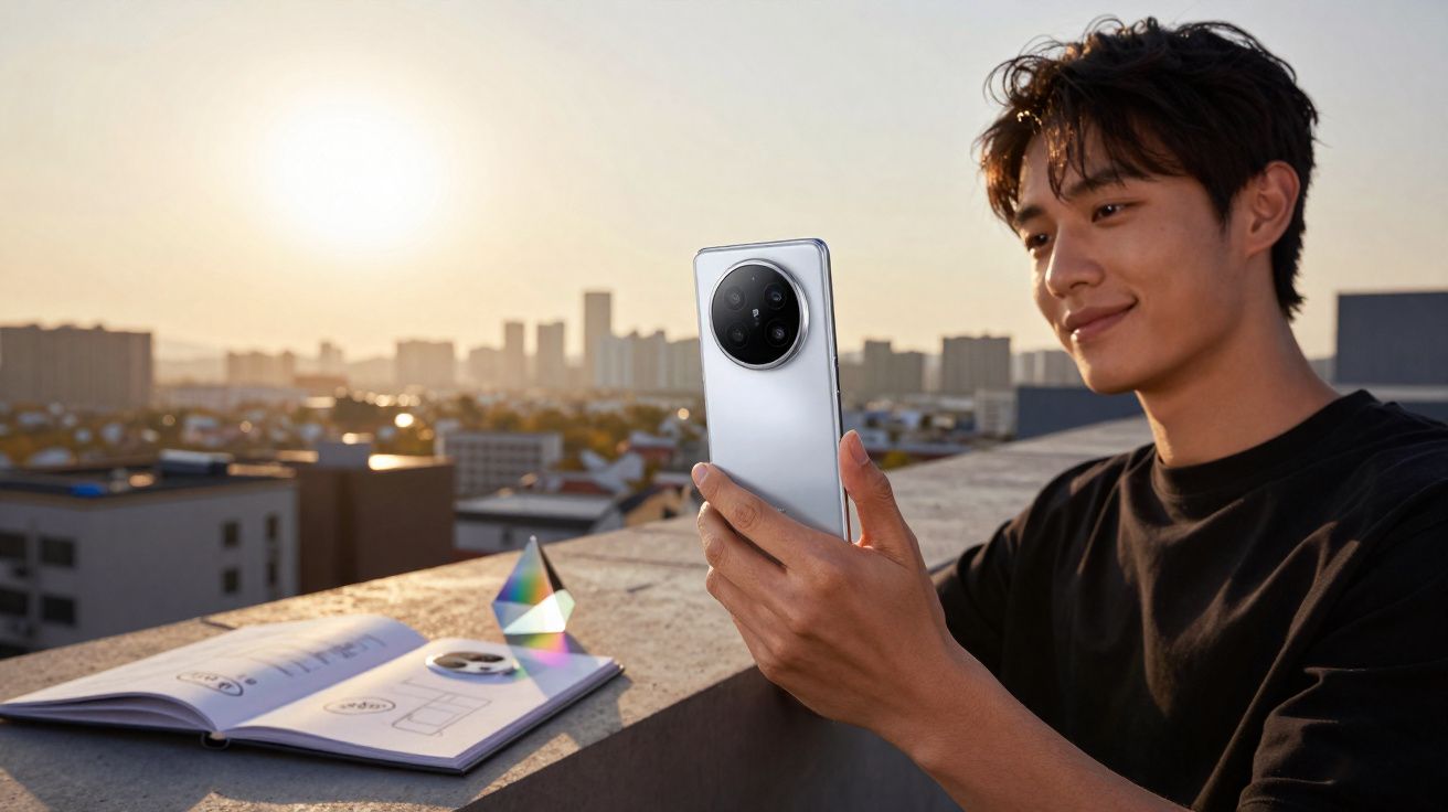 Jovem segurando smartphone prateado com câmera circular, ao pôr do sol, em varanda com caderno aberto e prisma colorido.