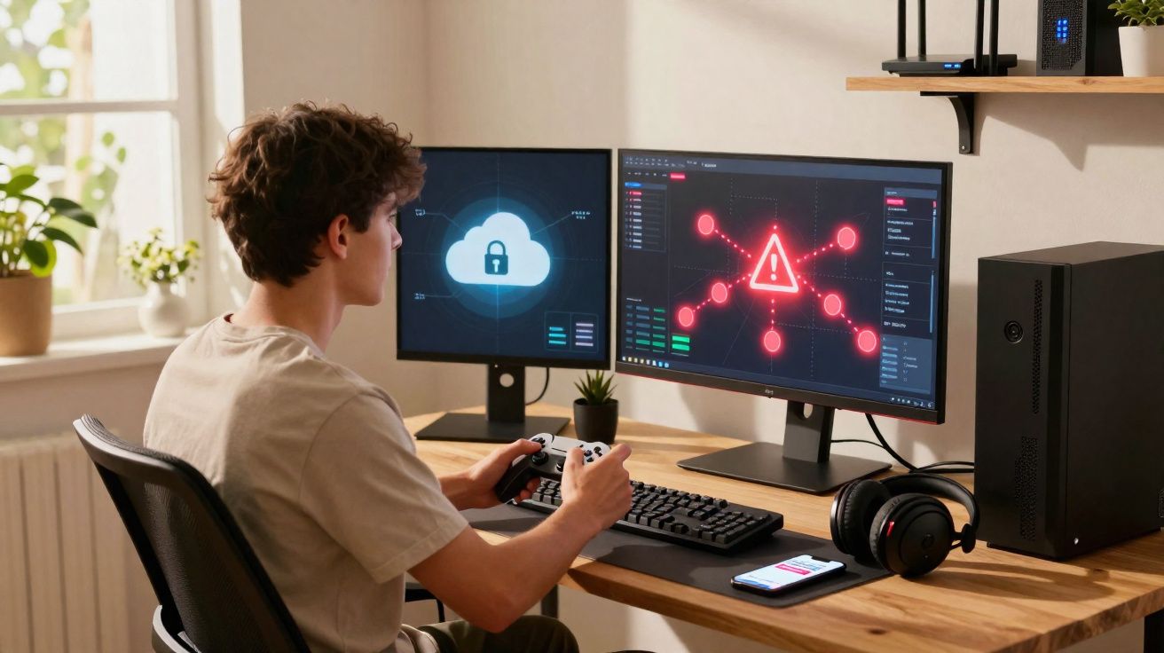 Jovem sentado em mesa com dois monitores exibindo gráficos de risco e segurança digital, usando controle joystick.
